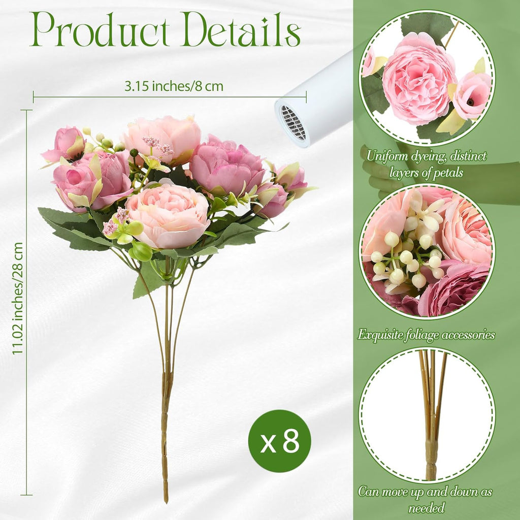 Bundles Artificial Peonies Flowers,Russet Red, Light Pink - Set of 8