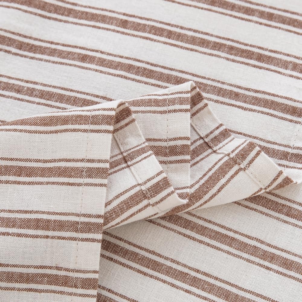 King Size Linen Blend Sheets Set, 55% Linen 45% Cotton Bedding Sets, Bedlinen Up to 16" Deep, Striped Tobacco Brown