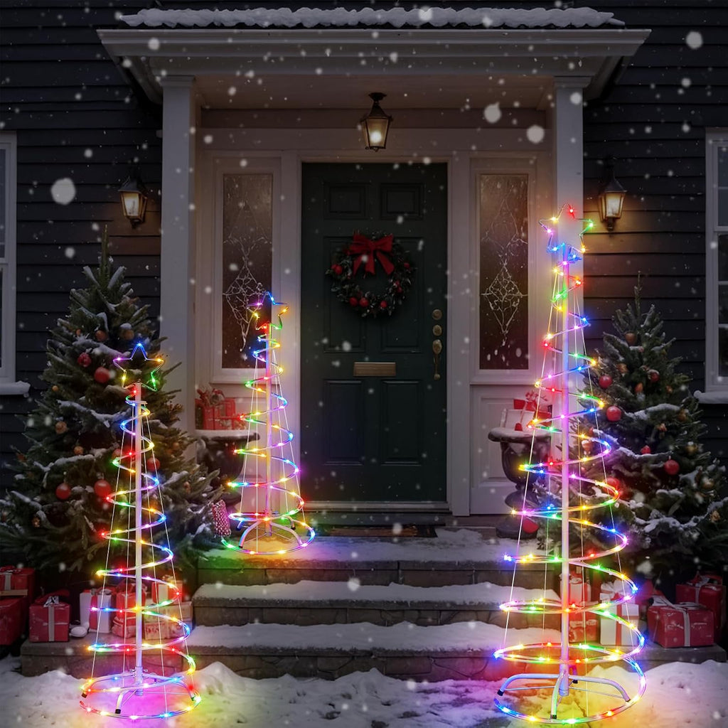 3 Packs Christmas Spiral Tree with Lights, 3/4/5 FT Lighted Xmas Collapsible Tree with Metal Stakes for Indoor &