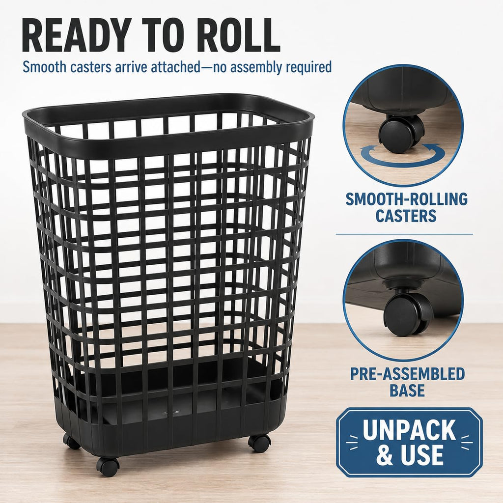 Black Rolling Laundry Hamper w/Casters, 2.6 Bushel Capacity