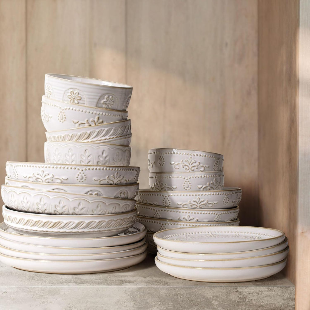 Pasta Bowls, 50oz Large Salad Serving Bowls, 9.75'' Plates Bowls Set of 4, Big White Ceramic Soup Bowls , Embossment