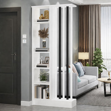 Wood Room Divider with Storage Shelves Freestanding Slat Partition Shelf
