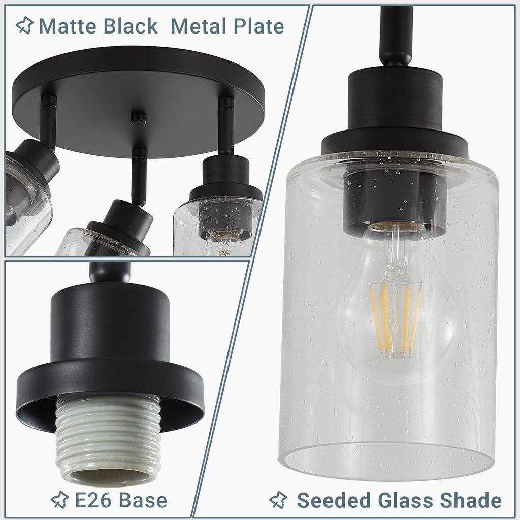 Track Lighting with Rotatable Light Heads, Black Ceiling Track Lighting Fixtures with Seeded Glass Shade
