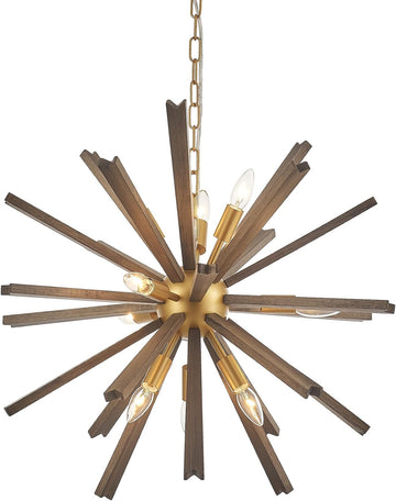 9-Light Wood Sputnik Chandelier for Entryway, Gold Dining Room Light Fixture, Farmhouse Pendant Light Fixture for