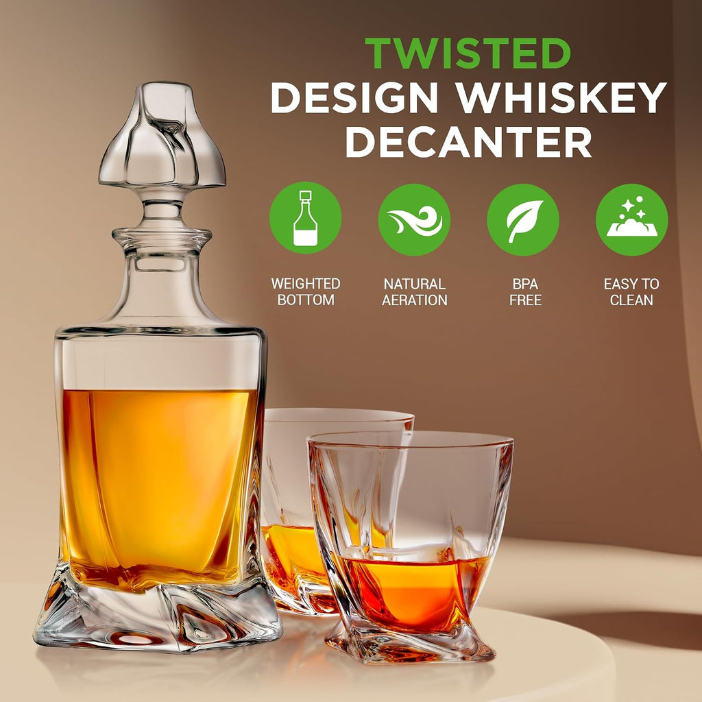 Glass Whiskey Decanter - Elegant Liquor Decanter for Scotch, Brandy, Bourbon, Rum, Gin, Vodka & Wine, Thick Bottom