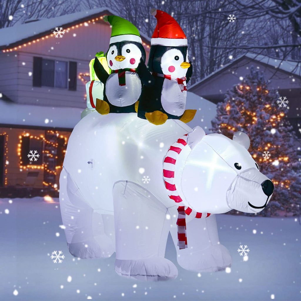 Lighted Inflatable Polar Bear Christmas Outdoor Decoration Clearance - 7ft Blow Up Polar Bear with Santa Penguin and
