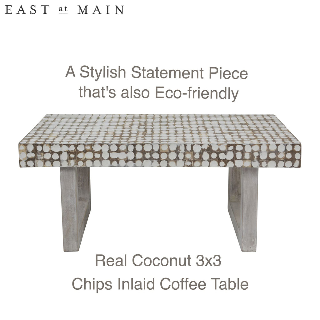 White Coffee Table - Handmade Accent Table with Coconut Shell Inlay, 40" Rectangular Wood Table, Coastal Farmhouse