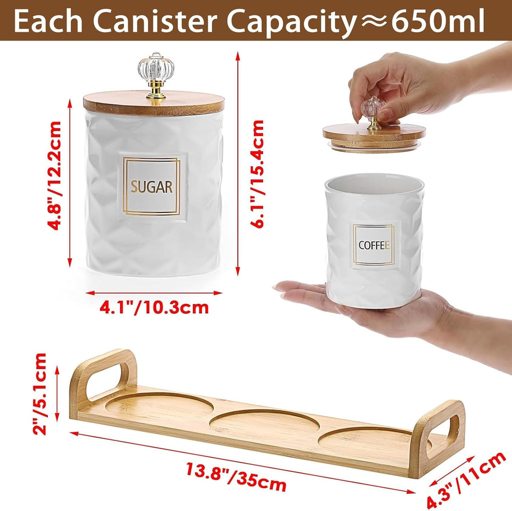 Ceramic Coffee Sugar Tea Canister Set with Lid and Tray - Set of 3