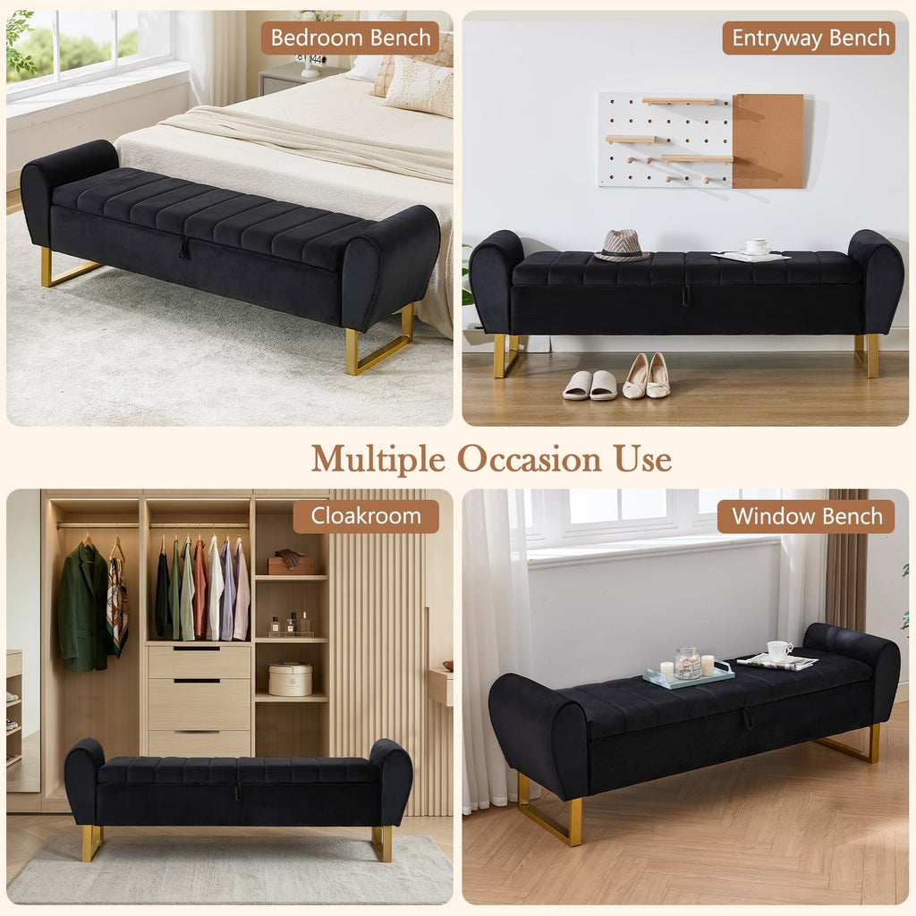 67'' King Size End of Bed Storage Bench, Velvet Bedroom Benches for Foot of Bed King with Gold Legs, Storage Ottoman