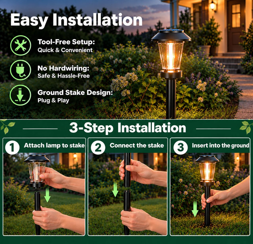Pathway Lights Outdoor, 12 Pack Warm White Tungsten Filament Solar Lights, 3 Lighting Modes, Auto On/Off, IP65