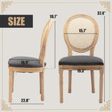 French Country Dining Chairs Set of 2, Farmhouse Rattan Dining Chairs with Round Back and Wood Legs for Kitchen or Bedroom, Deep Grey