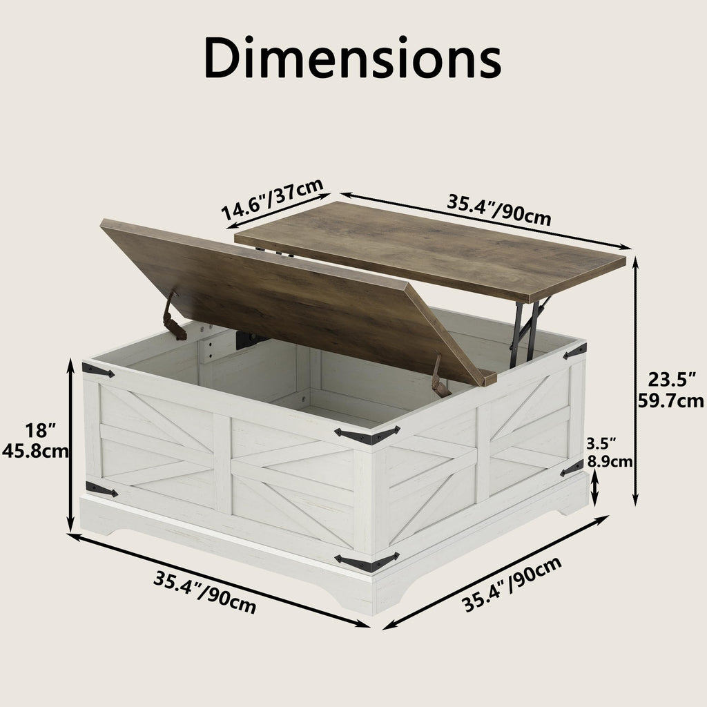 35.5''W Square Coffee Table Farmhouse Lift top Coffee Table with Large Hidden Storage, Wood Center Table, Brown Top