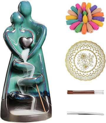 Ceramic Incense Holder, Creative Incense Waterfall Ornament, Backflow Incense Burner with 20 Cones + 30 Sticks, Zen