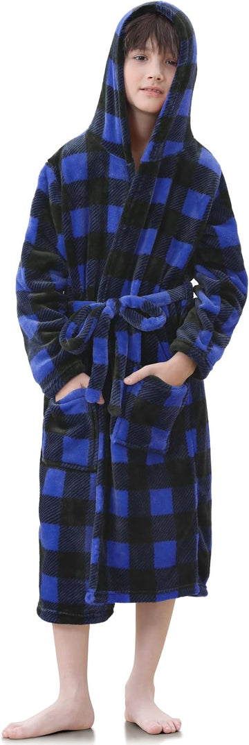 Boys Fleece Robe, Kids Hooded Soft Fuzzy Robes Bathrobe Toddler Flannel Pajamas Sleepwear Spa Plush Robe for Boys