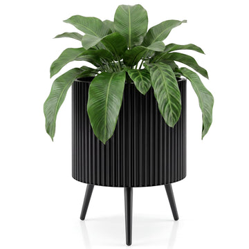 16 Inch Plant Pot with Stand, Mid-Century Modern Fluted Planter
