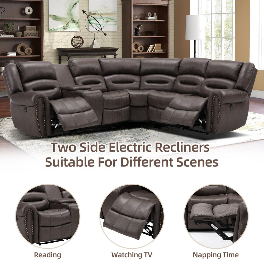 L-Shaped Power Reclining Sectional Sofa Set, Faux Leather Corner Couch Home Furniture Set with Storage Console, Cup