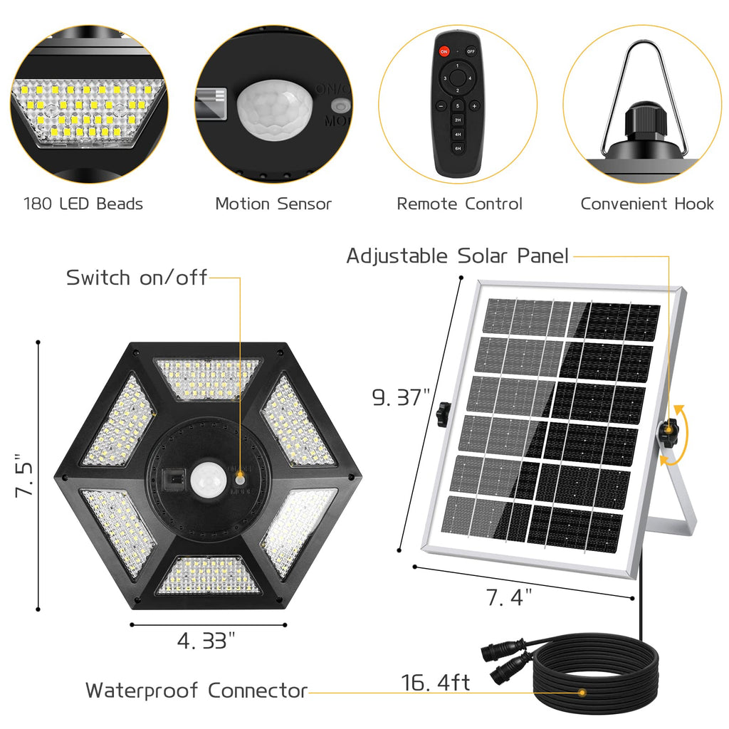 Solar Pendant Lights, Dual Head Solar Shed Lights with Motion Sensor for Outdoor, 180 LED Solar Indoor Lights with