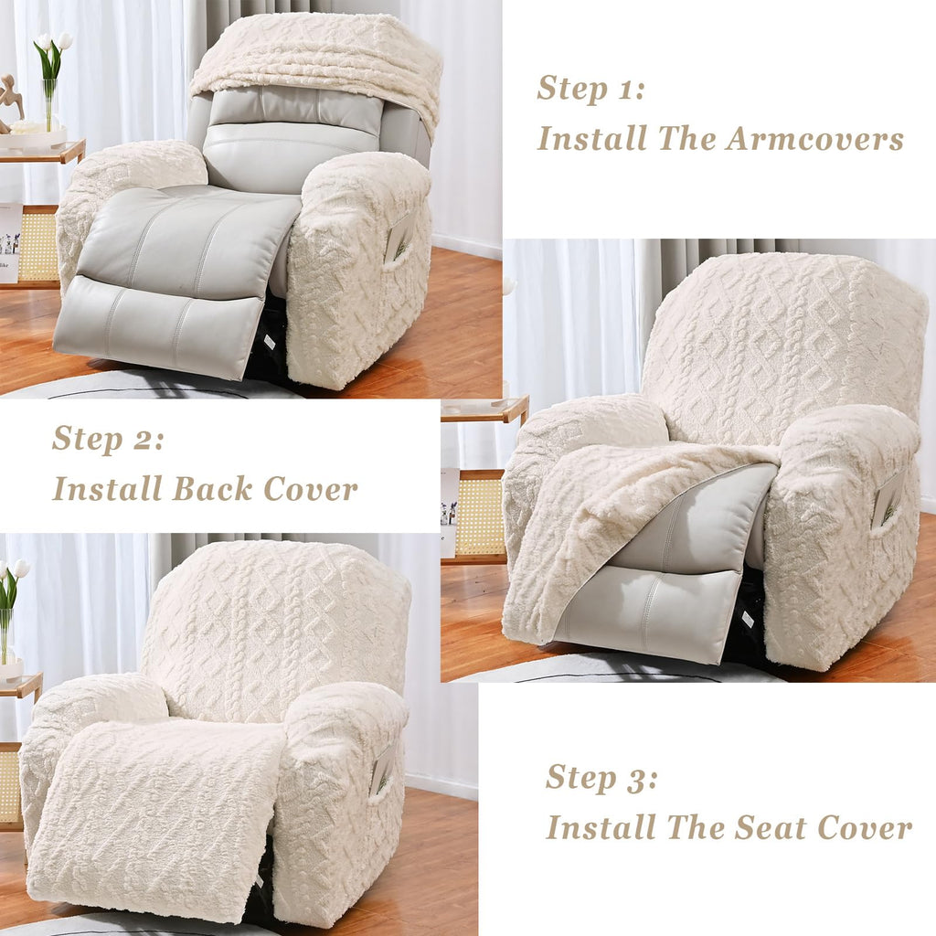 Recliner Chair Covers 4-Pieces, Soft, Stretchable, White, Modern Home Decor, Furniture Protector with Elastic Straps
