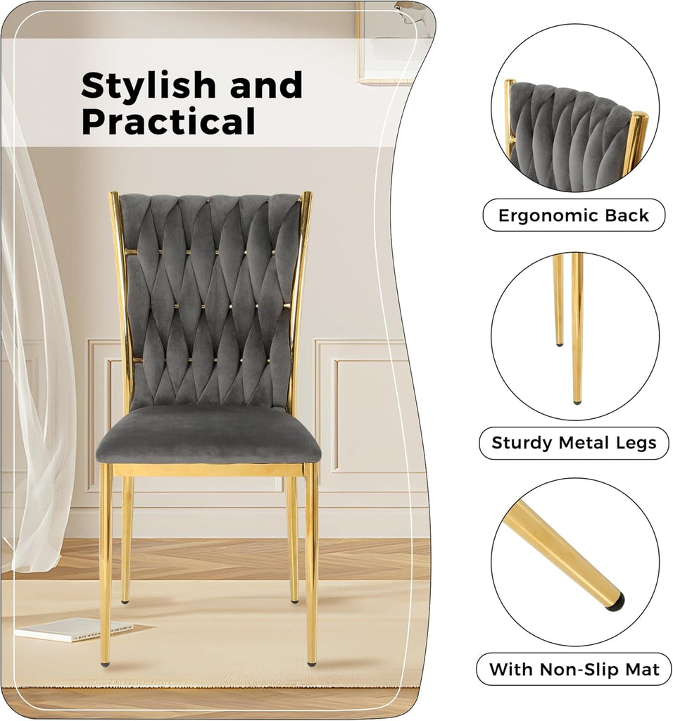 Velvet Dining Chairs Set of 4, Modern Woven Kitchen Chairs with Gold Metal Legs, Upholstered Cushion with High Back