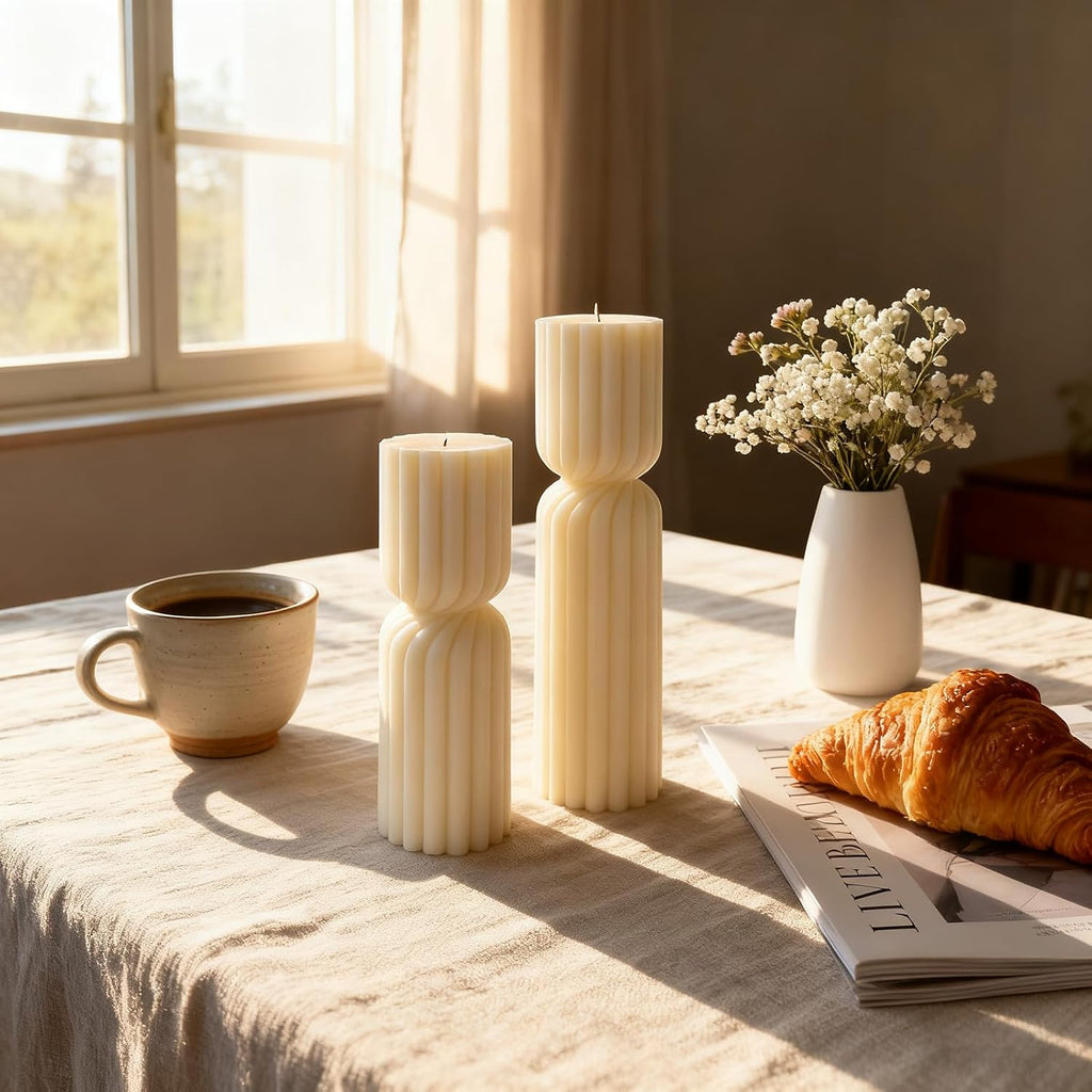 Ribbed Pillar Candles Handmade Soy Wax Scented Ribbed Candle,White - Set of 2