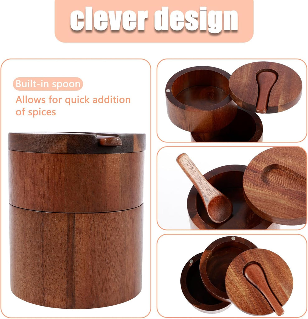 2 Layers Acacia Wood Salt and Pepper Bowl Salt and Pepper Storage Box Salt Container Salt Keeper with Built in Spoon