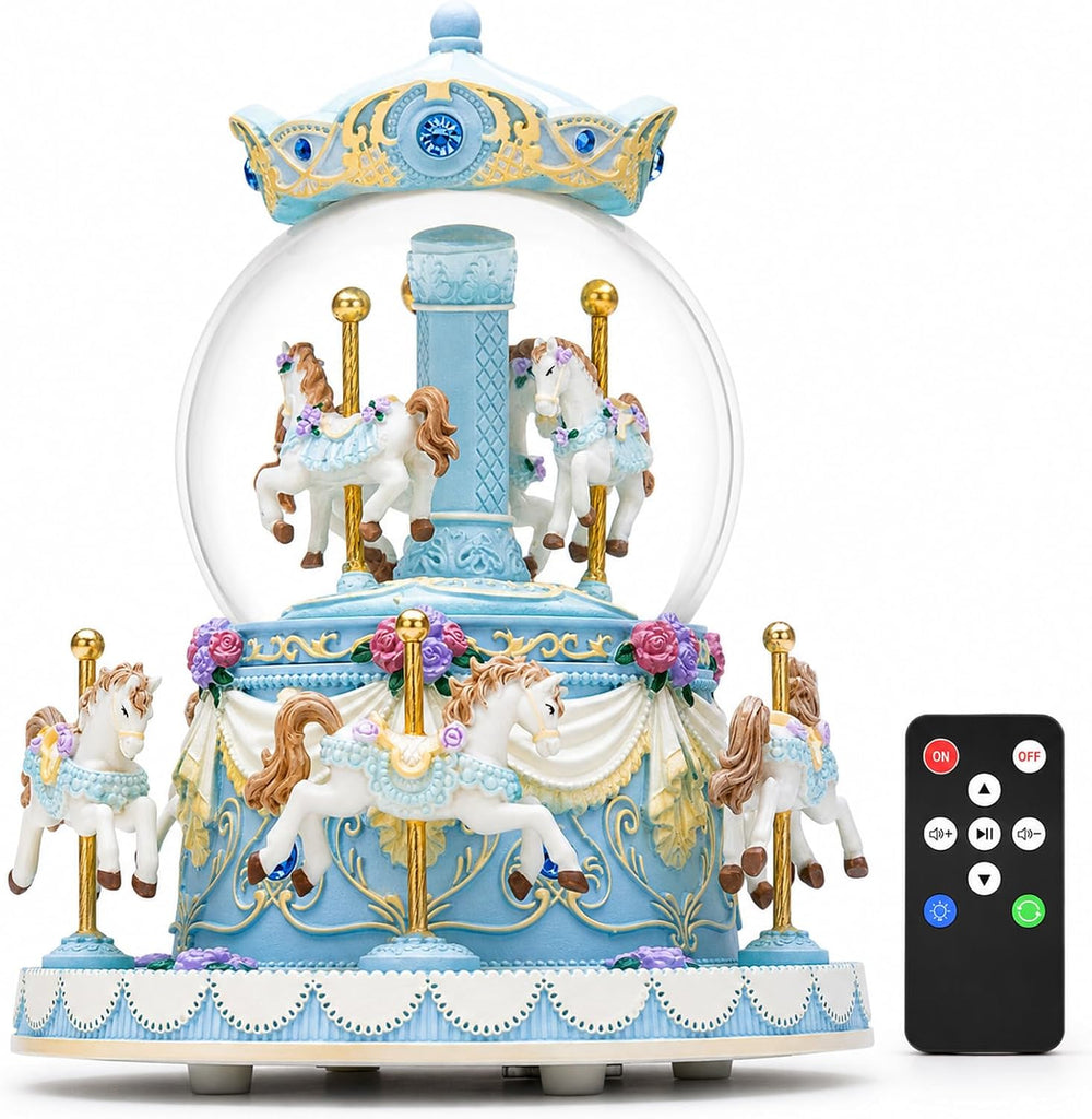 Blue Carousel Snow Globe Music Box with Remote Control, 64 Melodies, LED Lights, Rotating Horse Musical Snow Globe