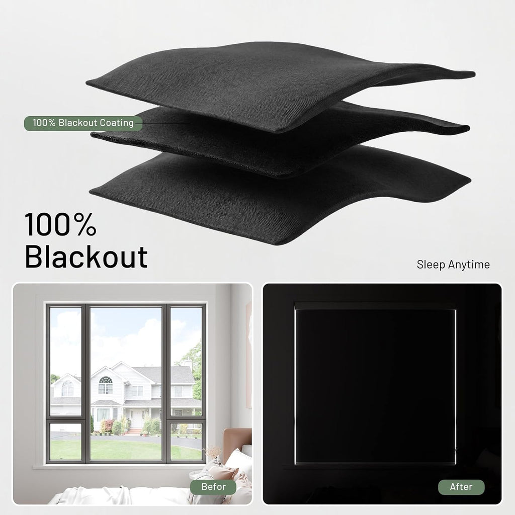 No Drill Motorized Blinds with Remote, Black, | 100% Blackout Smart Electric Roller Shades, Automatic Cordless Blinds