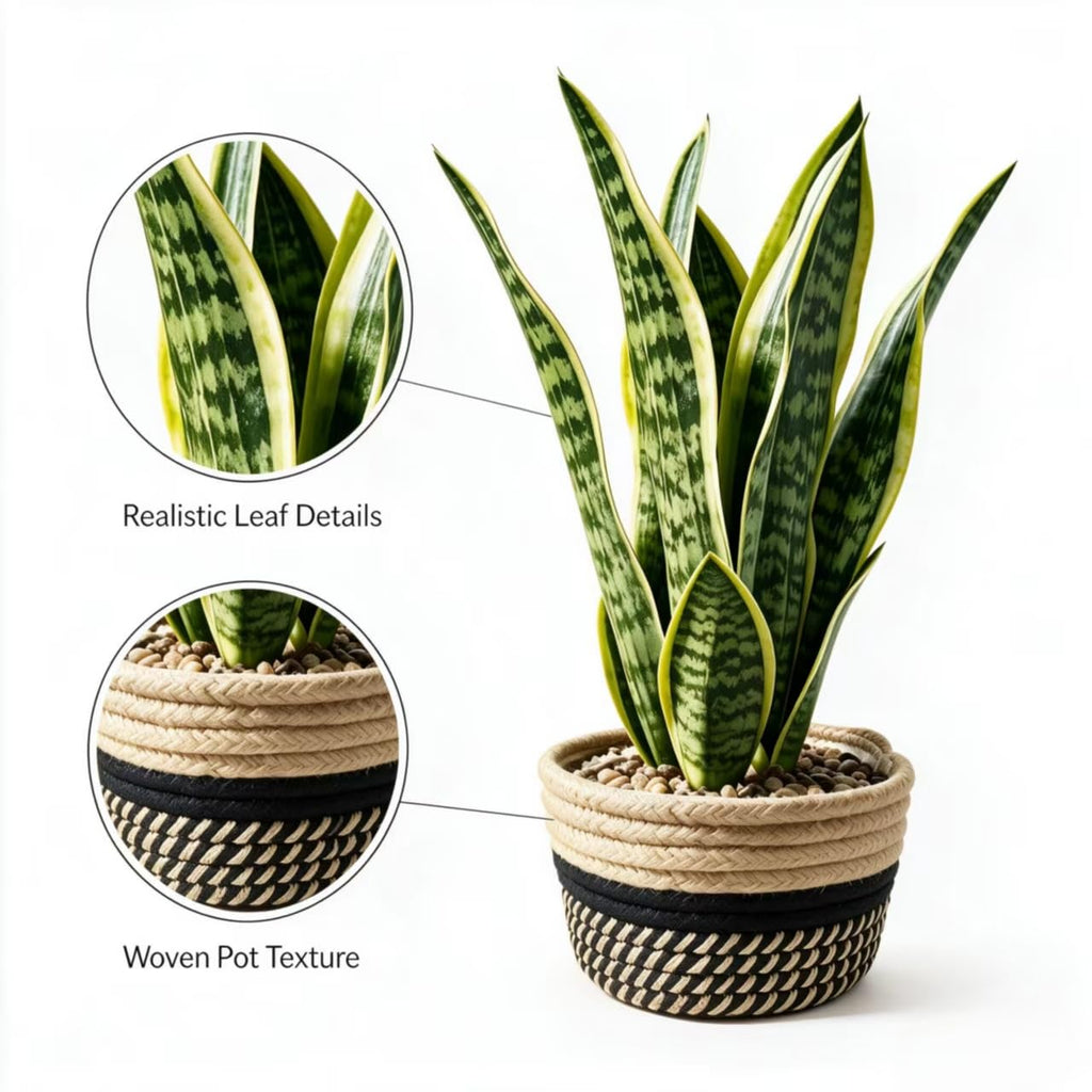 15" Artificial Snake Plant in Black Woven Planter Realistic Faux Sansevieria with Lush Green Leaves Modern Fake