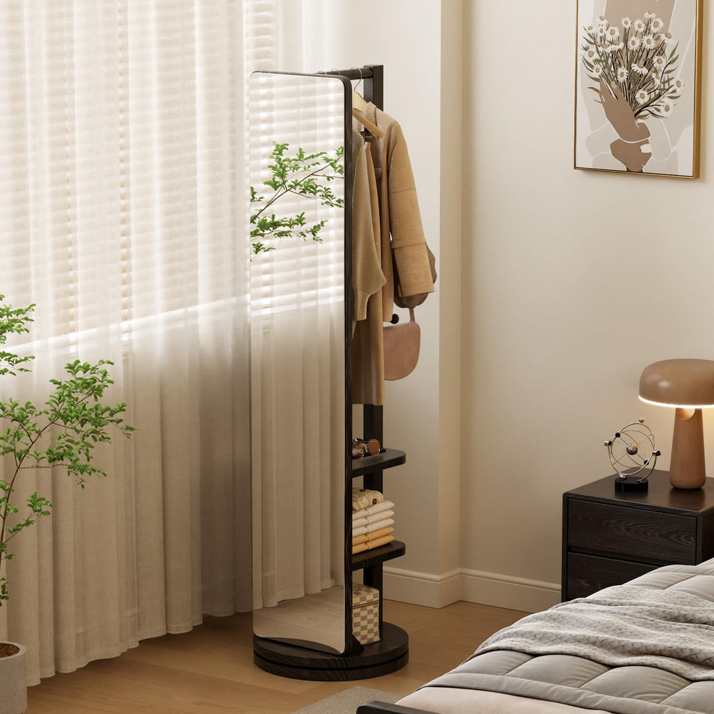 Full Length Mirror Coat Rack Solid Wood Floor Mirror 66"x12" Full Length Mirror with Stand Long Mirrors (Black, 66"