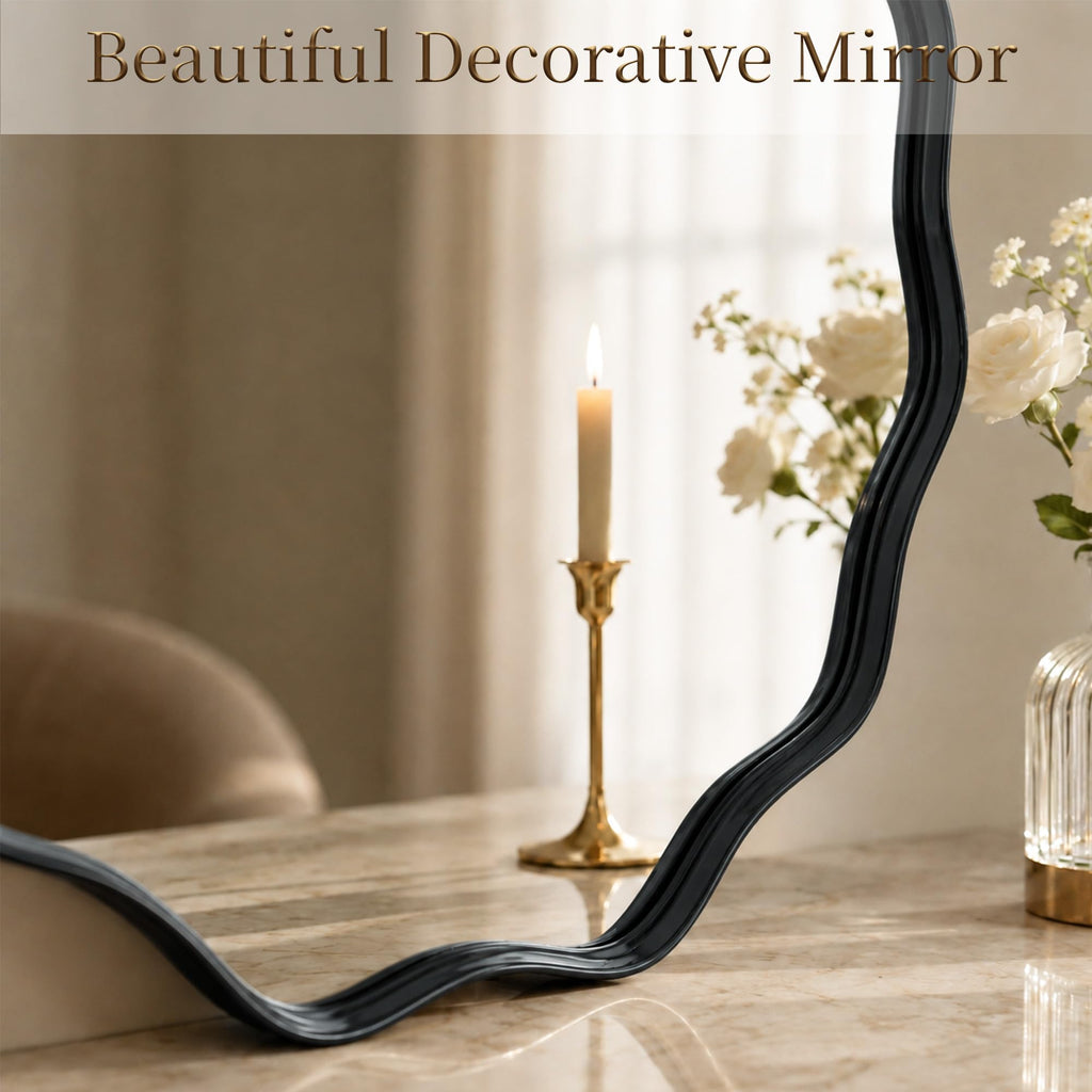 Black Scalloped Circle Mirror, 24" Wavy Edge Round Wall Mirror