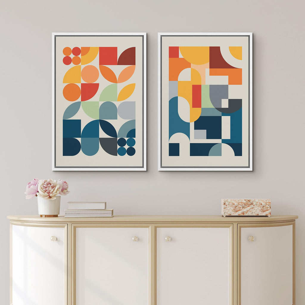 Framed Canvas Print Wall Art Set Mid-Century Modern Red & Blue Geometric Color Blocks Abstract Shapes Illustrations