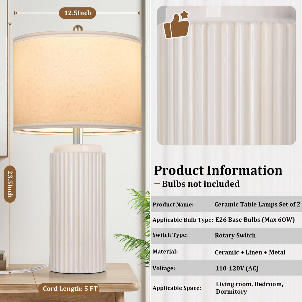23.5'' Beige Modern Ceramic Table Lamps Set of 2, Farmhouse Bedside Lamps with Upgraded White Linen Shade, Rustic