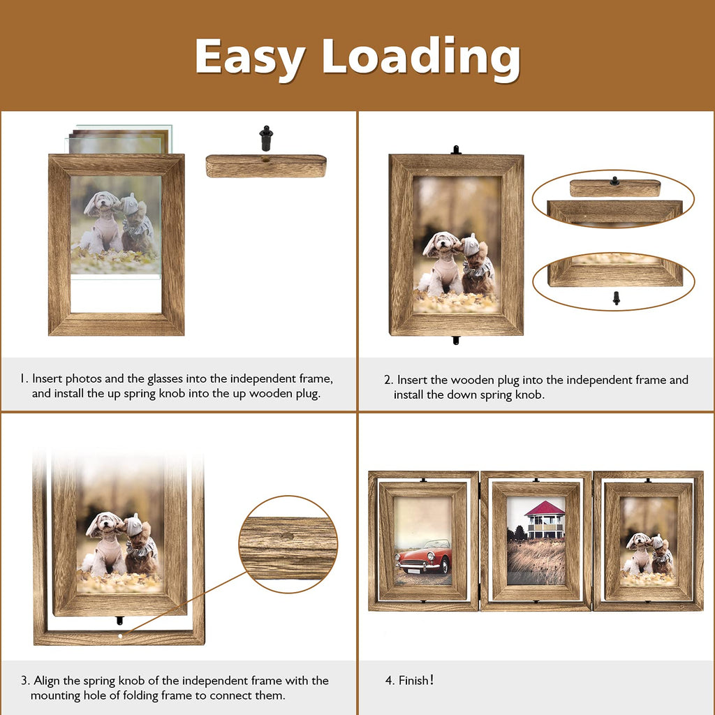 4x6 Picture Frame Rustic Wood Hinged Folding Triple Picture Frames Collage, Double-Sided Display Rotatable High