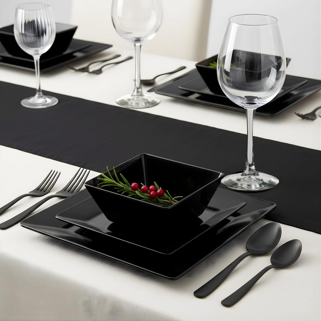 TP 12-Piece Melamine Dinnerware Sets, Square, Service for 4, Black