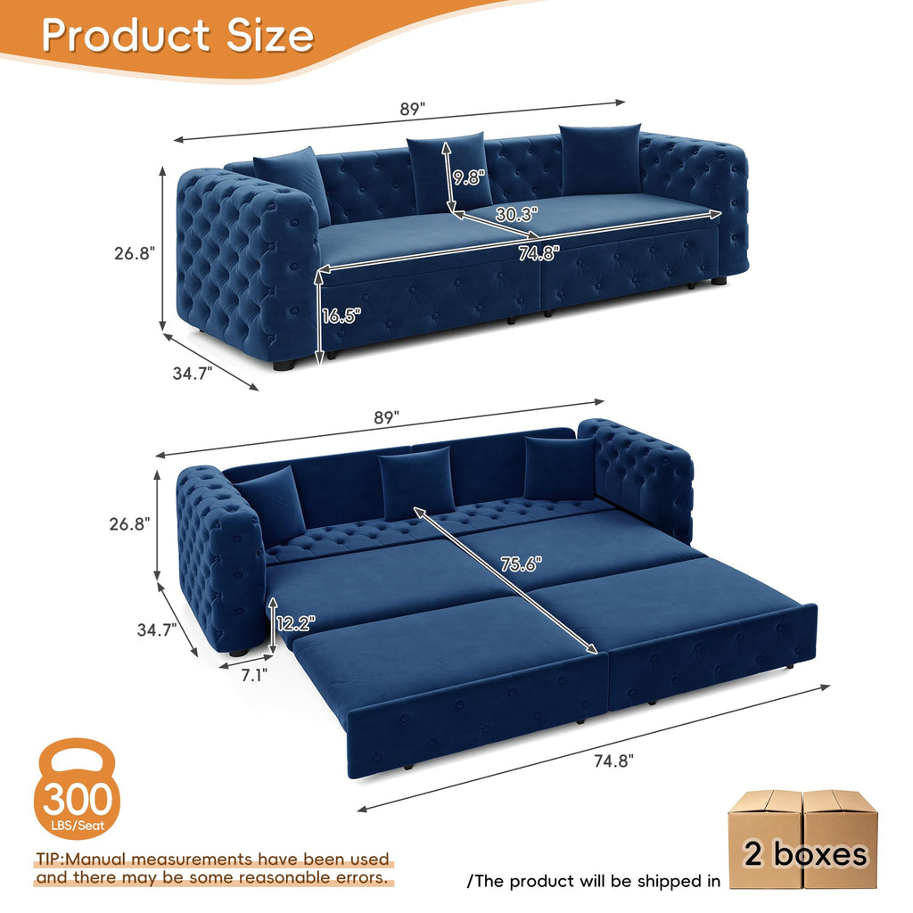 89'' Velvet Chesterfield Sleeper Sofa, King Couch Bed, Midnight Blue