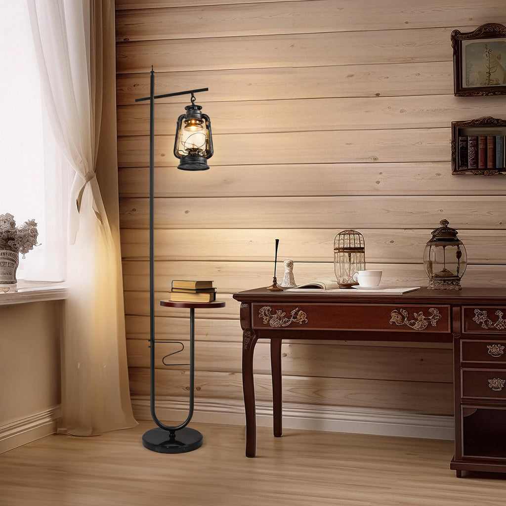 Vintage Floor Lamp with Table, Classical Lantern Standing Rustic Farmhouse Nightstand Hanging Arc Floor Lamp with