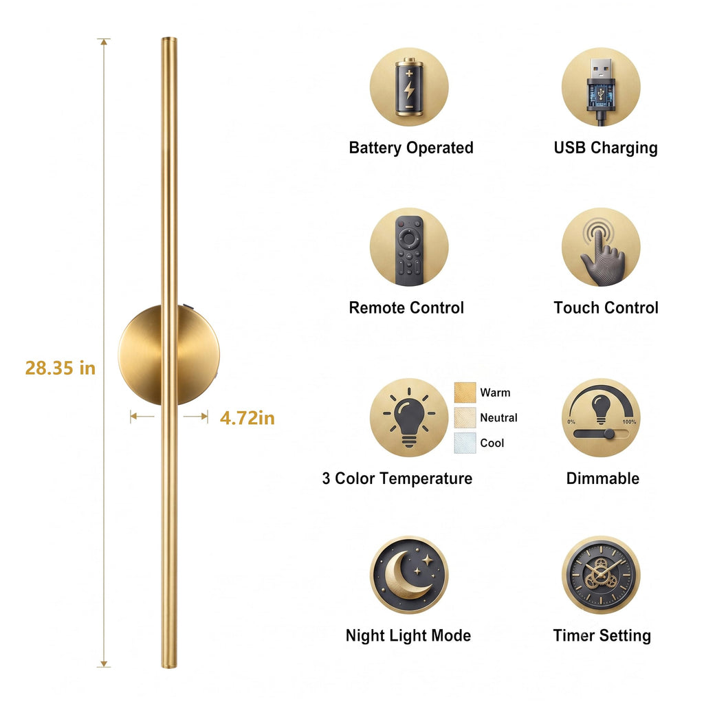 Rechargeable Wall Sconce Set of Two, Modern Wireless Brass Wall Light Sconce with Remote, 28.35Inch Dimmable Indoor