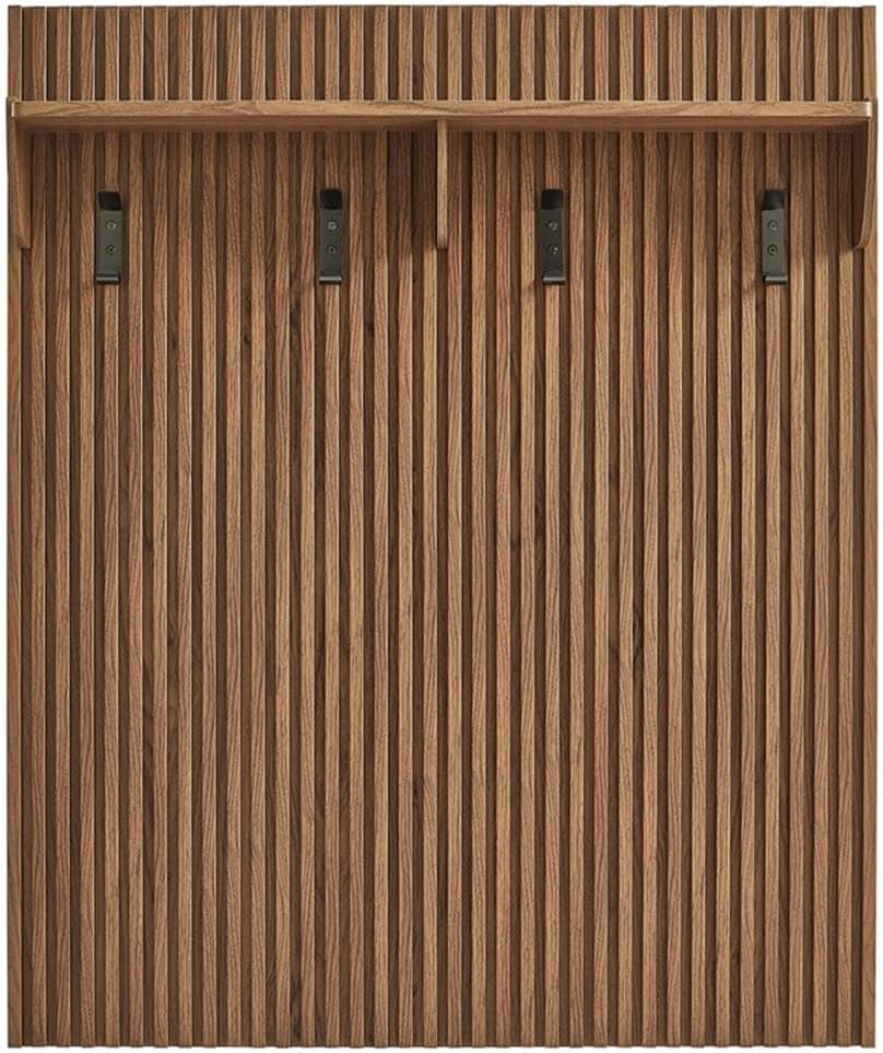 Contemporary Wall-Mounted Fluted Coat Rack Panel, Walnut Finish, 4 Hooks with Shelf, Durable Wood Grain Laminate