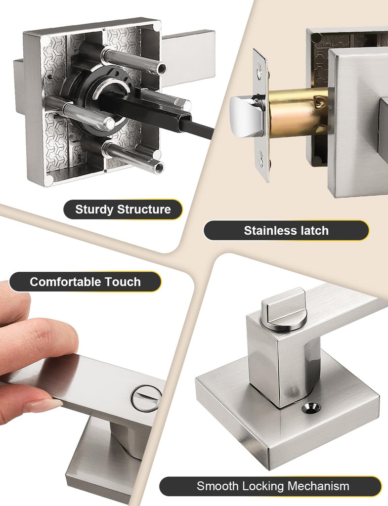 4 Pack Privacy Square Brushed Nickel Door Handles Interior, Keyless Door Knobs /Bathroom, Reversible for Left Right