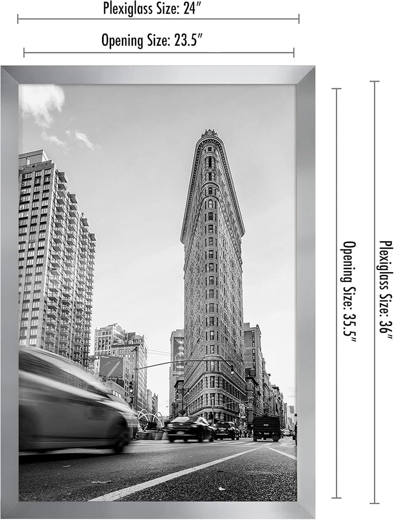 24x36 Poster Frame - Silver Engineered Wood with Polished Plexiglass - Wide Picture Frame for Vertical or Horizontal