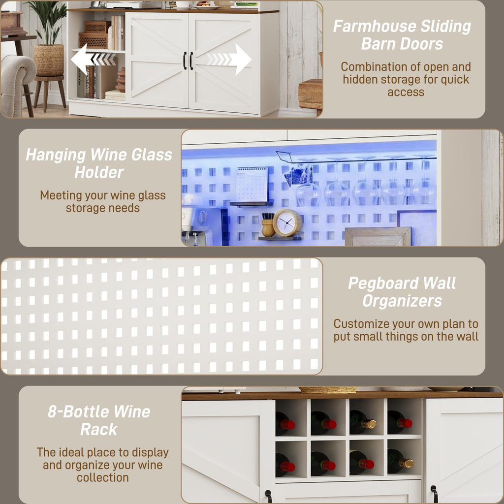 75"Tall 63"W Extra Large Farmhouse Kitchen Storage Pantry Hutch Cabinet w/Power Outlet, Pegboard, Coffee Bar