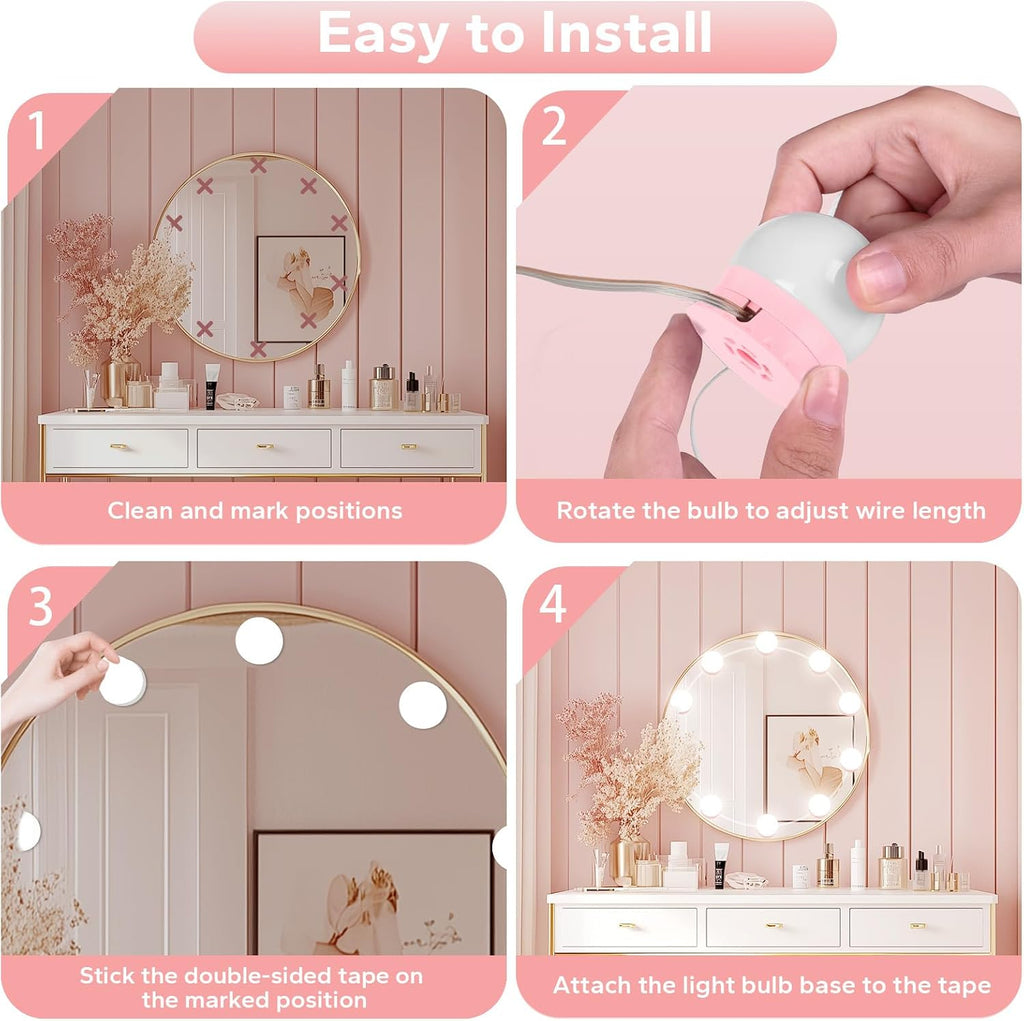 LED Vanity Lights For Mirror, Pink Vanity Light Stick on with 10 Bulbs