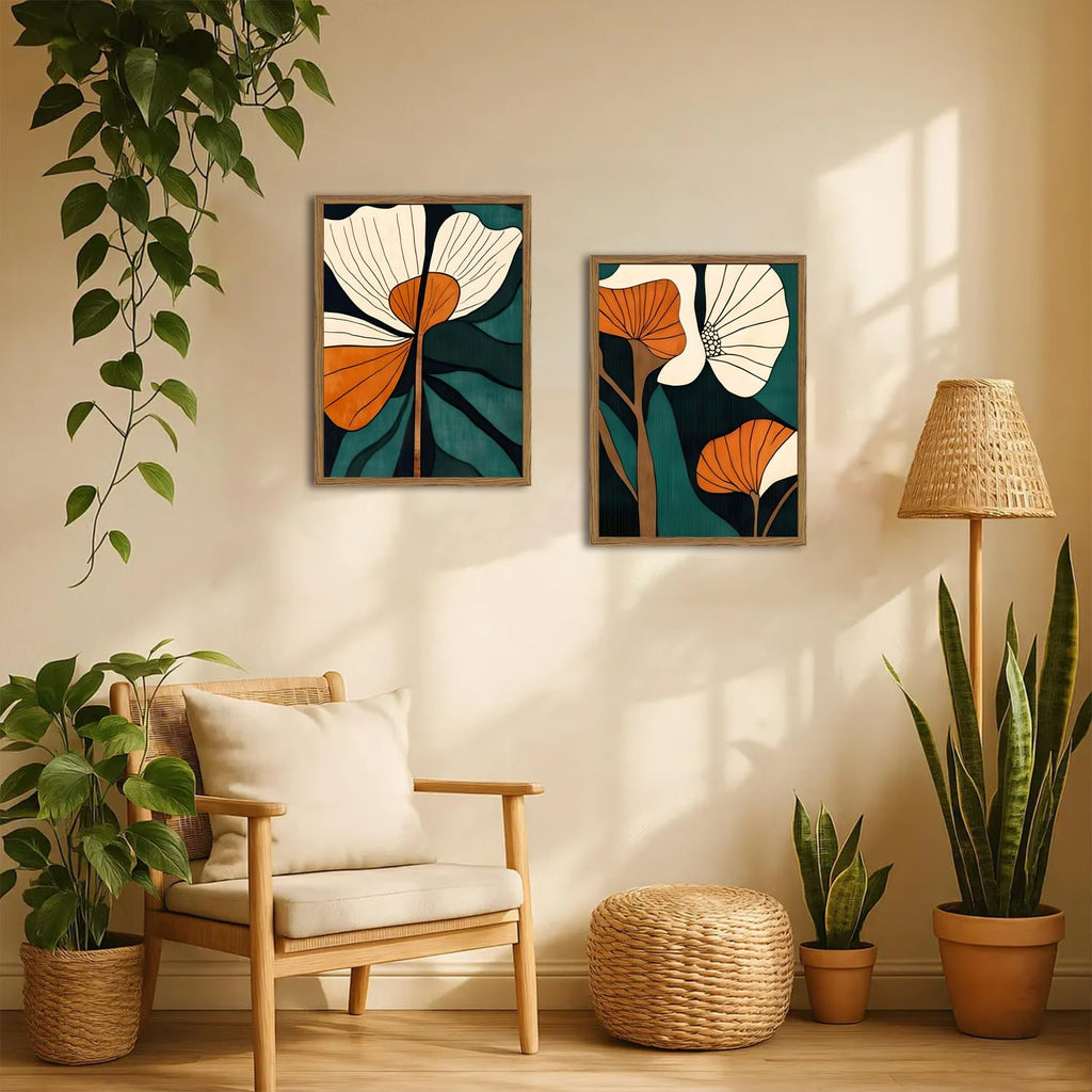 Mid Century Modern Flower Wall Art Vintage Abstract Botanical Wall Decor Painting Set of 2 Mid Century Boho Dark