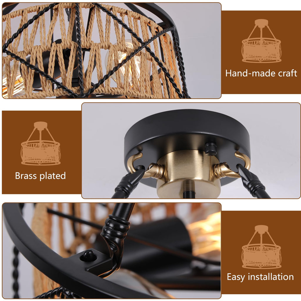 3-Light Hand Woven Boho Ceiling Light, Farmhouse Industrial Dual Round Semi Flush Mount Chandelier, Black Gold Rattan