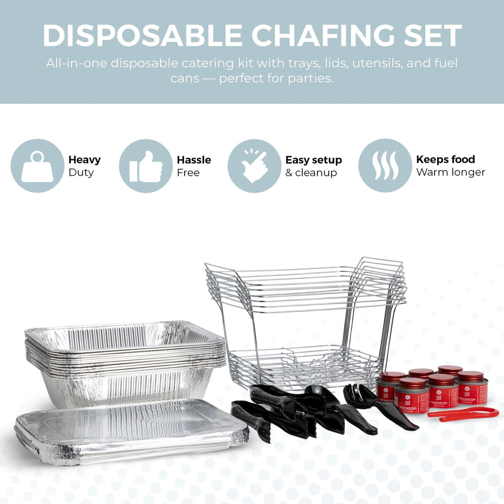 6 Pack - Disposable Chafing Dish Buffet Set, Half Size Pans, Welded Body Food Warmers for Parties, Fuel Cans Complete