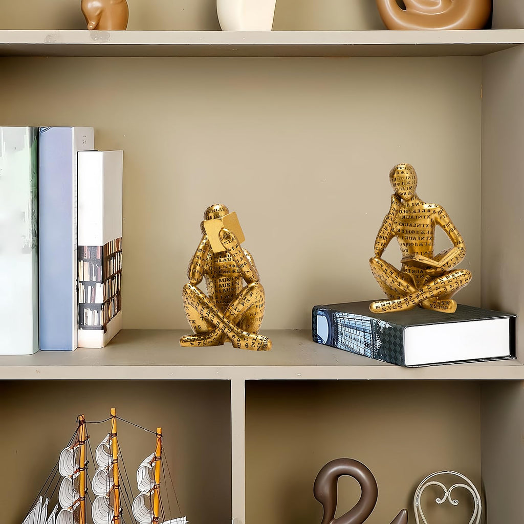 Antique Gold Reading Thinker Statue, Set of 2 Abstract Art Sculptures