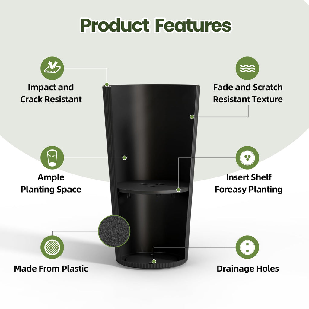 24" Tall Planters for Outdoor Plants Set of 2 - Round Black