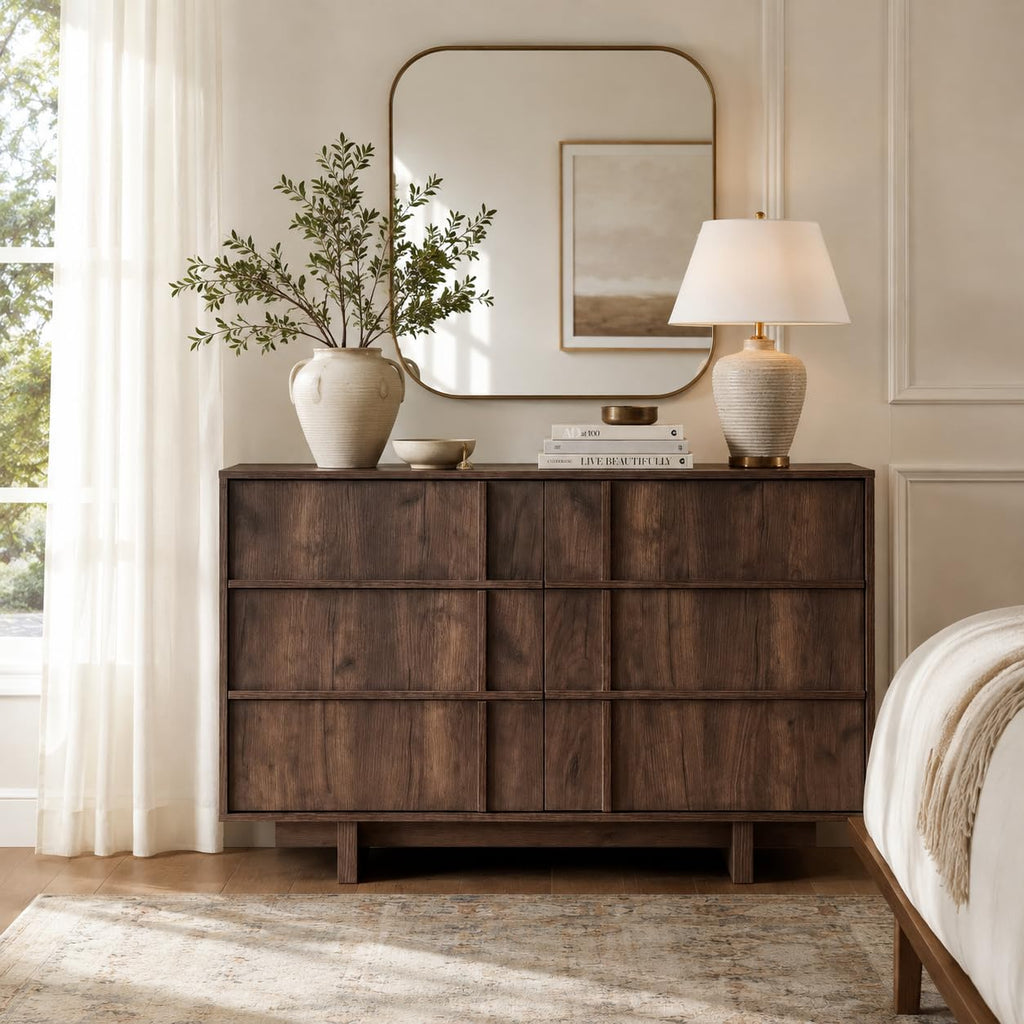 47.2" 6 Drawer Dresser, Skeleton Lines Design, Walnut