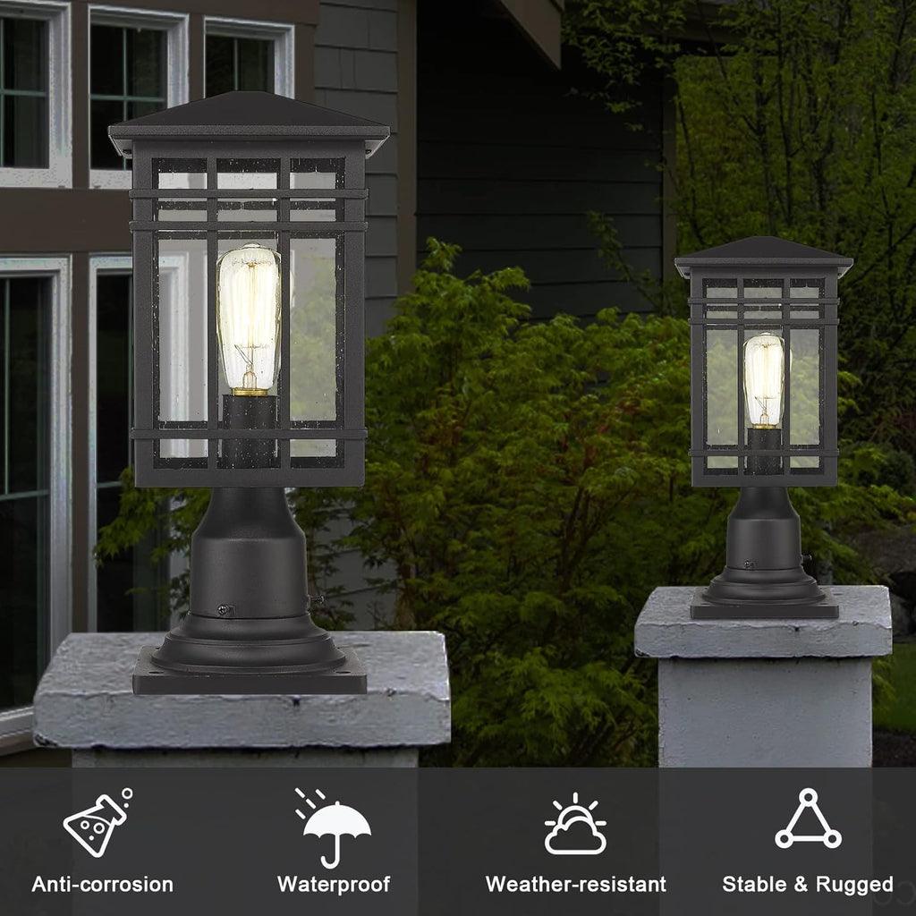 Outdoor Post Lights Fixture - Exterior Post Lantern with Seeded Glass in Black Finish - Pillar Light Ideal for Patio