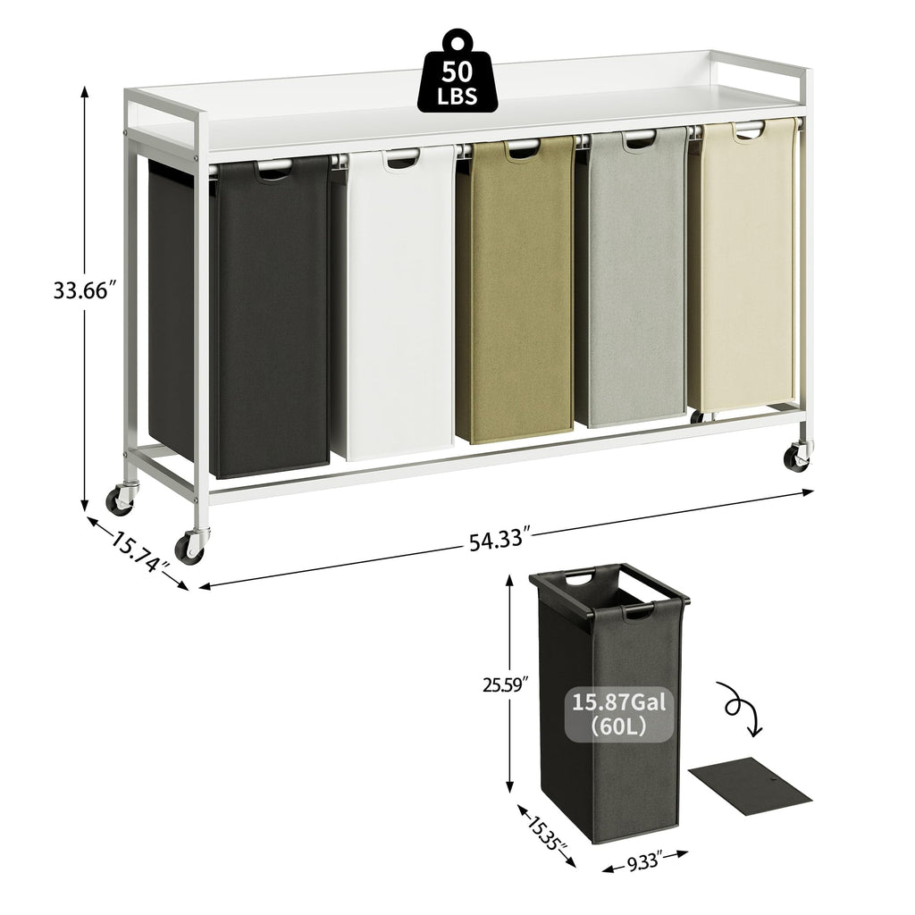 Laundry Hamper with Shelf, Laundry Basket 5 Section, Laundry Sorter with Pull-Out Removable Large 5 Color Bags and